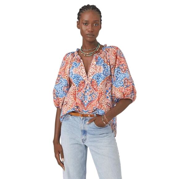 Xirena Jules Terra Mosaic Printed Cotton Top Puff Sleeves Size Large - Picture 1 of 9